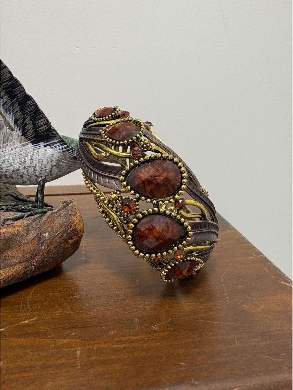Chunky Vintage Gold Tone Clamper Bracelet w/ Brown Rhinestones & Brown Faux Bead